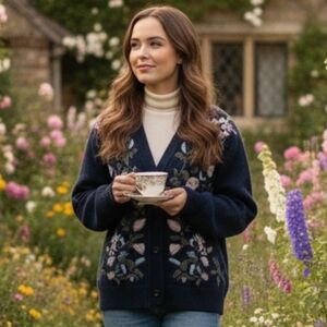 Orly M Vintage Cottagecore Cabincore Grandmacore Embroidered Wool Knit Cardigan